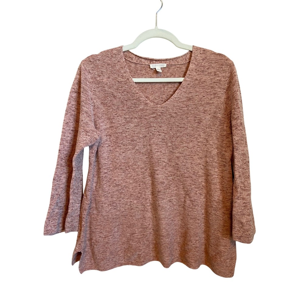 Eileen Fisher Organic Cotton V-Neck Ribbed Sweater Marled Pink 3/4 Sleeve S/P